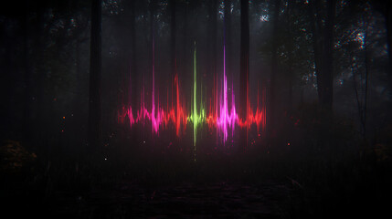 Poster - Ethereal Sound Waves in a Mystical Forest Landscape Displaying Vibrant Colors and Glowing Energy