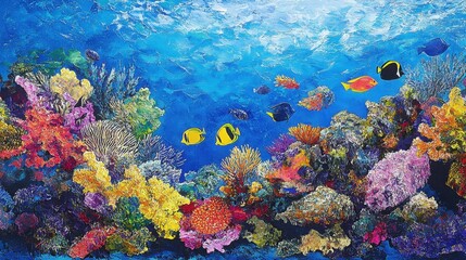 Poster - A colorful coral reef with a variety of fish swimming among the corals in the blue ocean.