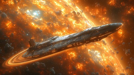 Wall Mural - starship in fiery nebula: a colossal spaceship navigates a breathtaking, fiery nebula, its metallic 
