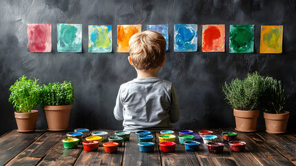 Poster - Child admiring colorful artwork on a wall with paints and plants nearby