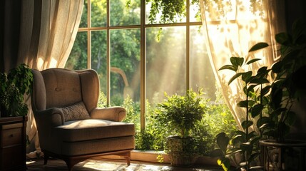 Sticker - A cozy armchair by a large window, sunlight streaming in, with lush greenery visible in the garden outside.