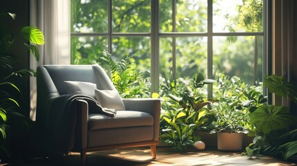 Sticker - A cozy armchair by a large window, sunlight streaming in, with lush greenery visible in the garden outside.