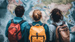 © TK - Three travelers looking at a world map with backpacks