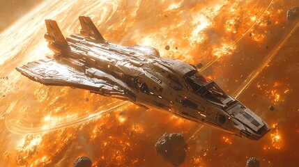 Wall Mural - spaceship evading asteroid field: a sleek, futuristic spaceship navigates a treacherous asteroid fie