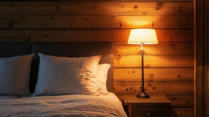 Sticker - A cozy bedroom with a stylish lamp casting a soft glow on the wooden wall design, creating a relaxing ambiance