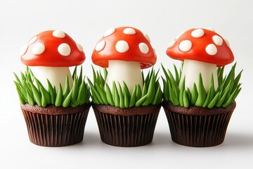 Wall Mural - Mushroom-themed chocolate cupcakes with red and white icing.