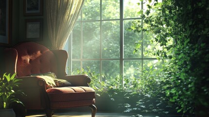 Sticker - A cozy chair by a bright window, offering a view of lush greenery and the calming sounds of nature.