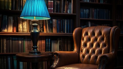 Sticker - A cozy leather chair placed near a blue lamp, creating a warm, inviting atmosphere in a sophisticated library.