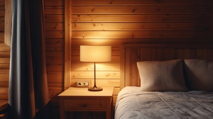 Sticker - A cozy, modern bedroom with a stylish lamp and natural wood walls, perfect for relaxation and comfort