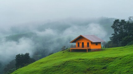 Wall Mural - A cozy orange house with a sloping roof on a green hill, shrouded in fog, offering a tranquil and secluded vibe in the early morning light.