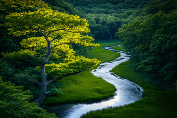 Poster - River meanders through lush green valley, illuminated tree