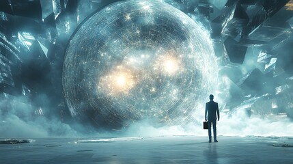 Intricate Three Dimensional Render of a Wireframe Man with a Stylish Briefcase Before a Giant Metallic Sphere Surrounded by Surreal Geometric Patterns