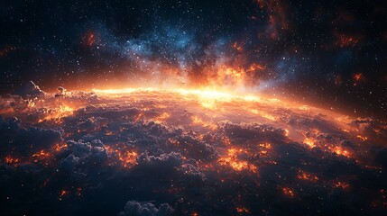 Wall Mural - fiery nebula in space: a breathtaking view of a vibrant nebula, ablaze with fiery orange and red hue
