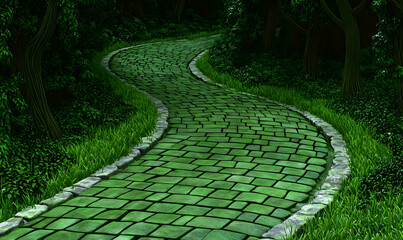 Sticker - Winding green path through forest, fantasy setting, background trees