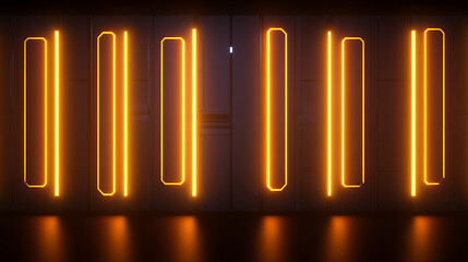 Poster - Futuristic Corridor with Orange Neon Lights and Reflective Floor in a Modern Interior Design