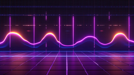 Poster - Futuristic Neon Grid Landscape with Glowing Waveform and Vertical Bars Digital Visualization