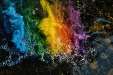 Poster - Colorful ink swirls create a vibrant rainbow effect on the water surface in a serene setting, Rainbow colored ink falls on the water