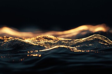 Poster - Vibrant abstract waves illuminated by light against dark black backdrop showcasing fluid motion and depth, Abstract waves with light on dark black copy space background