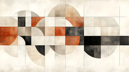 Poster - Geometric Harmony in Circles Squares and Rectangles with Shades of Red Black and Beige Abstraction