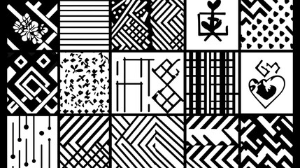 Wall Mural - Geometric Pattern Assortment Graphic Black and White Design Collage Unique Vector Backgrounds Combination