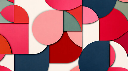 Poster - Geometric Shapes Composition Featuring Circles Squares and Shades of Red and Pink Color Palette Design