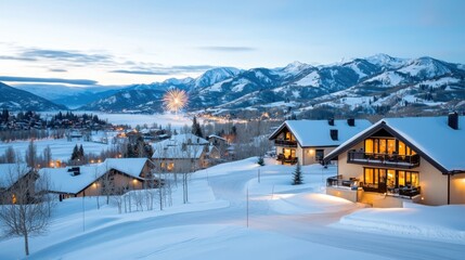 Wall Mural - Cozy Snowy Winter Scene in a Picturesque Village with Festive Lights and Cottages  Idyllic mountainous landscape with snow covered houses trees and a frozen lake at dusk