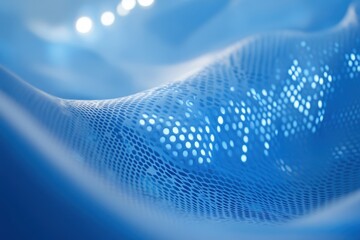 Poster - Blue glowing mesh flows gracefully on vibrant blue background creating a mesmerizing visual effect, blue glowing mesh moving on blue background