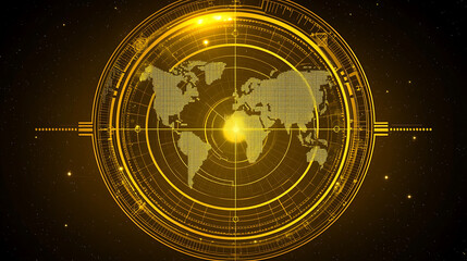 Poster - Global Security Digital Technology World Map Overlay in Radar Scan Golden Glow Background Effect
