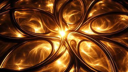Poster - Glowing Fractal Flower with Golden Curves and Luminous Central Burst of Light Abstract Art