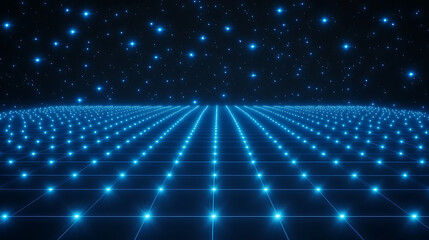 Poster - Glowing Grid Landscape with Celestial Starscape Backdrop in Deep Blue Night Hues Graphic Render