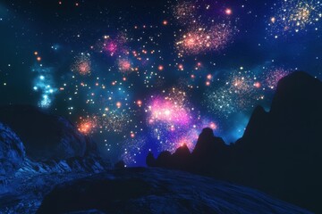 Wall Mural - stunning simulation of a cosmic galaxy filled with vibrant stars and colorful nebulae over a mountai