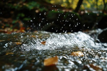 Poster - Water droplets cascade down into a serene stream surrounded by autumn foliage, water droplets are slowly falling down