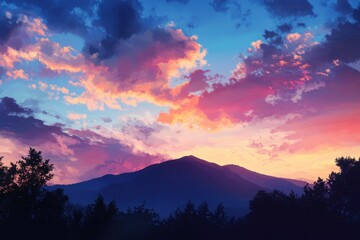 Poster - Colorful sunset timelapse over mountains and trees showcasing nature's beauty, Sunset timelapse over mountain and trees with colorful clouds