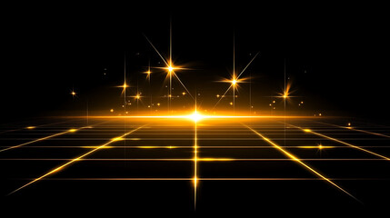 Poster - Golden Grid Perspective with Shining Stars and Light Streaks in Abstract Futuristic Style Art