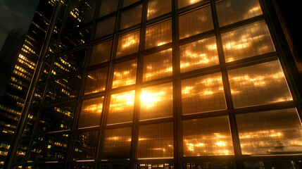 Poster - Golden Hour Reflections on a Modern Glass Facade and Towering Urban Building Architecture