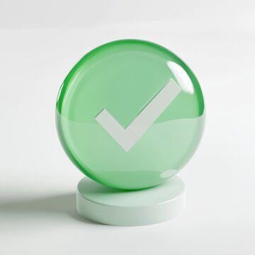 Green orb with a white check mark displayed on a circular base Symbolizes agreement verification completion or a positive confirmation
