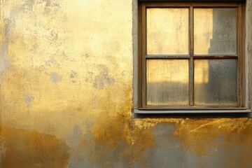 Wall Mural - Old window on a gold textured wall reflects sunlight