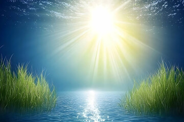 Poster - Underwater sun rays, serene lake, grass. Peaceful nature scene, ideal for relaxation