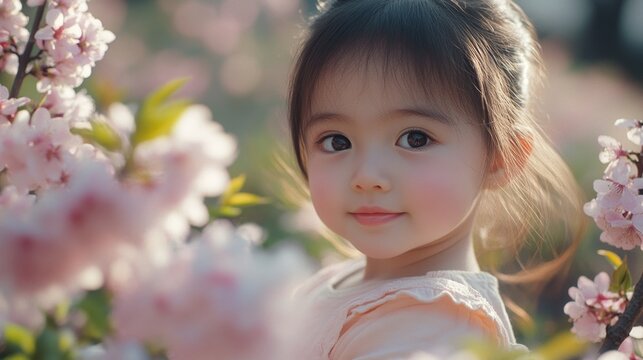 A delightful portrait of a young girl surrounded by the delicate pink blossoms, evoking springtime and innocence.