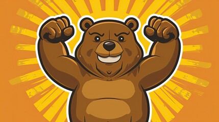 Wall Mural - A cartoon bear flexing its muscles and smiling, vector illustration with a yellow background