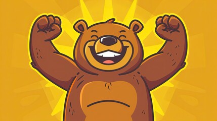 Wall Mural - A cartoon bear flexing its muscles and smiling, vector illustration with a yellow background