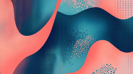 Poster - Abstract Waves in Blue and Coral with Dotted Patterns and Texture