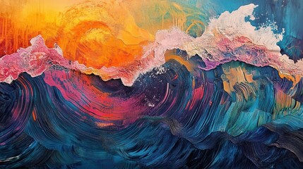 Poster - Colorful Abstract Ocean Waves with Vibrant Sunset Background