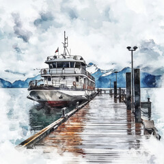 Wall Mural - A serene watercolor painting depicts a boat docked at a wooden pier, set against a backdrop of misty mountains and a tranquil lake under a cloudy sky.