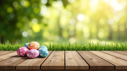 Poster - An empty wooden rustic table for product display, a blurred Easter background of painted eggs and green grass and meadows