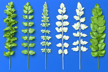 Sticker - Green & white foliage stems on blue. Botanical illustration for design