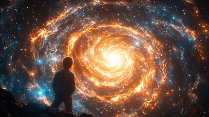 Wall Mural - child gazing at spiral galaxy: a child stands silhouetted against the backdrop of a breathtaking spi