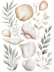 Wall Mural - Delicate shells and leaves create serene coastal ambiance, showc