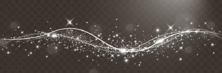 Poster - 	
Sparkling white light particles on transparent background, glowing stars and dust effect, festive glitter overlay, magical illumination, digital abstract decoration.