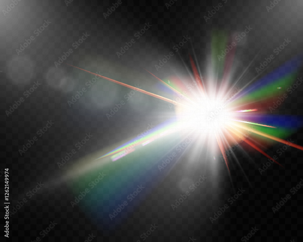 Bright lens flare with rainbow light effects on transparent background ...